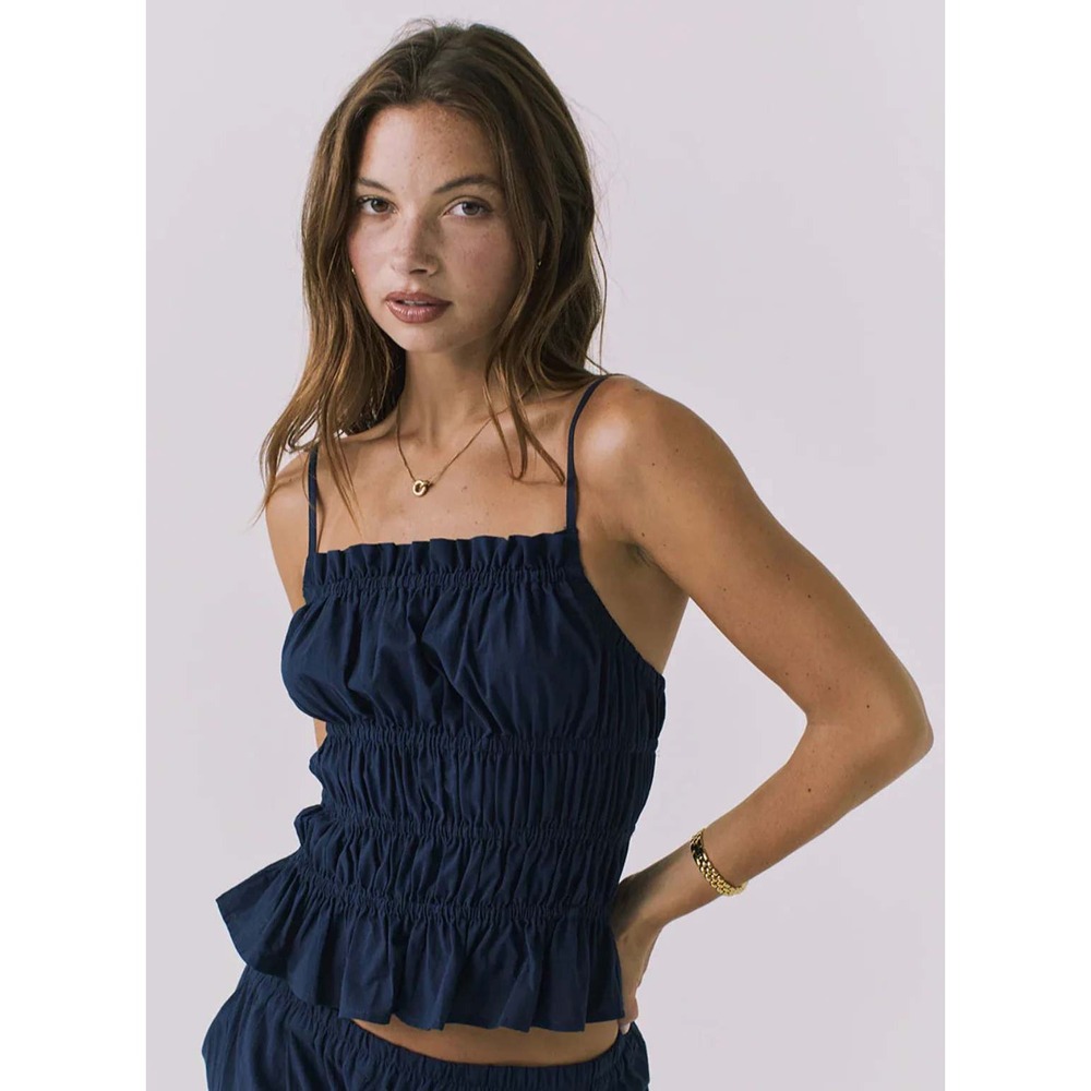Chaser Lorenzo Top Womens Large Navy NEW Cotton Ruffle Smocked Adjustable Straps